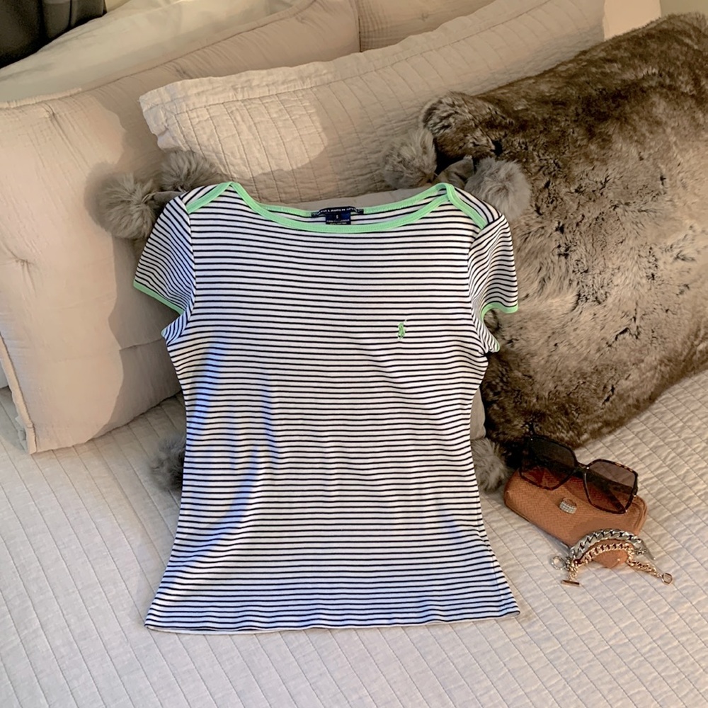 Ralph Lauren Black & White Striped Short Sleeve Tee with Mint Trim